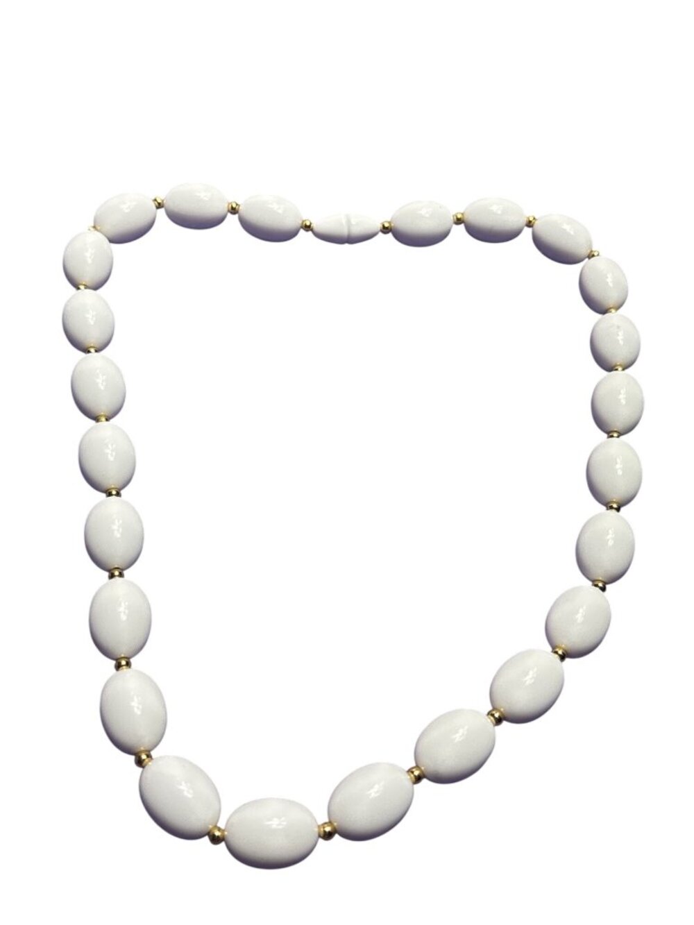 Vtg 80s White Plastic Oval Beaded Necklace Goldtone Beads Hidden Barrel Clasp